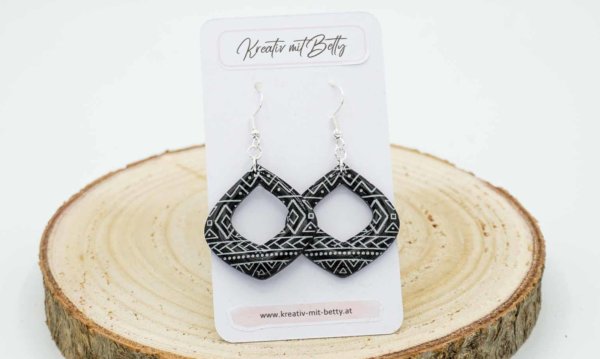 ohrringe fimo polymer clay resin siebdruck schwarz weiß muster