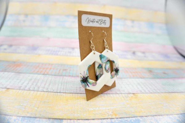 Aquarell Wasserfarben Schmetterling Ohhrringe weiß pastell mint-grün aus Polymer Clay