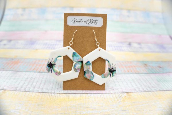 Aquarell Wasserfarben Schmetterling Ohhrringe weiß pastell mint-grün aus Polymer Clay