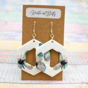 Aquarell Wasserfarben Schmetterling Ohhrringe weiß pastell mint-grün aus Polymer Clay