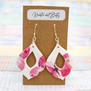 Aquarell Wasserfarben Schmetterling Ohhrringe weiß pastell rosa aus Polymer Clay