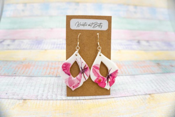 Aquarell Wasserfarben Schmetterling Ohhrringe weiß pastell rosa pink aus Polymer Clay
