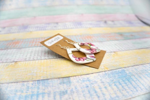 Aquarell Watercolor Kirschblüten Ohrringe Schmuck weiß rosa aus Polymer Clay