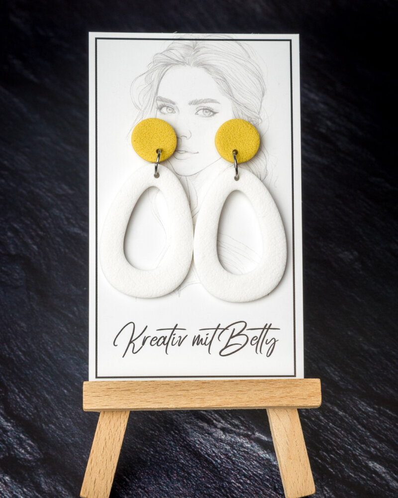 gelb weiße Statement Ohrringe aus Polymer Clay von Bettina Luger- Kreativ mit Betty